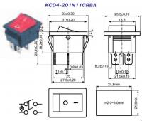 Переключатель-клавишный-KCD4-201N11CRBA-(красный)-16А-250В-2